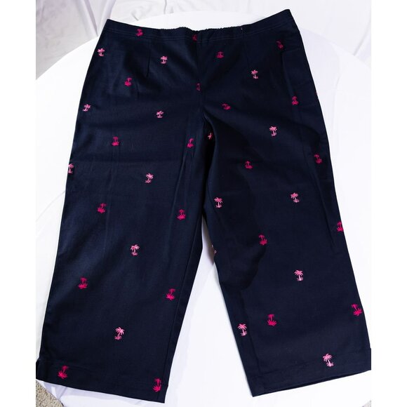 Cropped Wide Leg Pants Navy Blue and Pink Palm Tree Embroidery - Picture 1 of 1